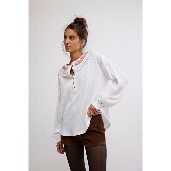 FREE PEOPLE HOLLY HENLEY size XS White Ivory Embroidered Boho Thermal - Picture 1 of 14